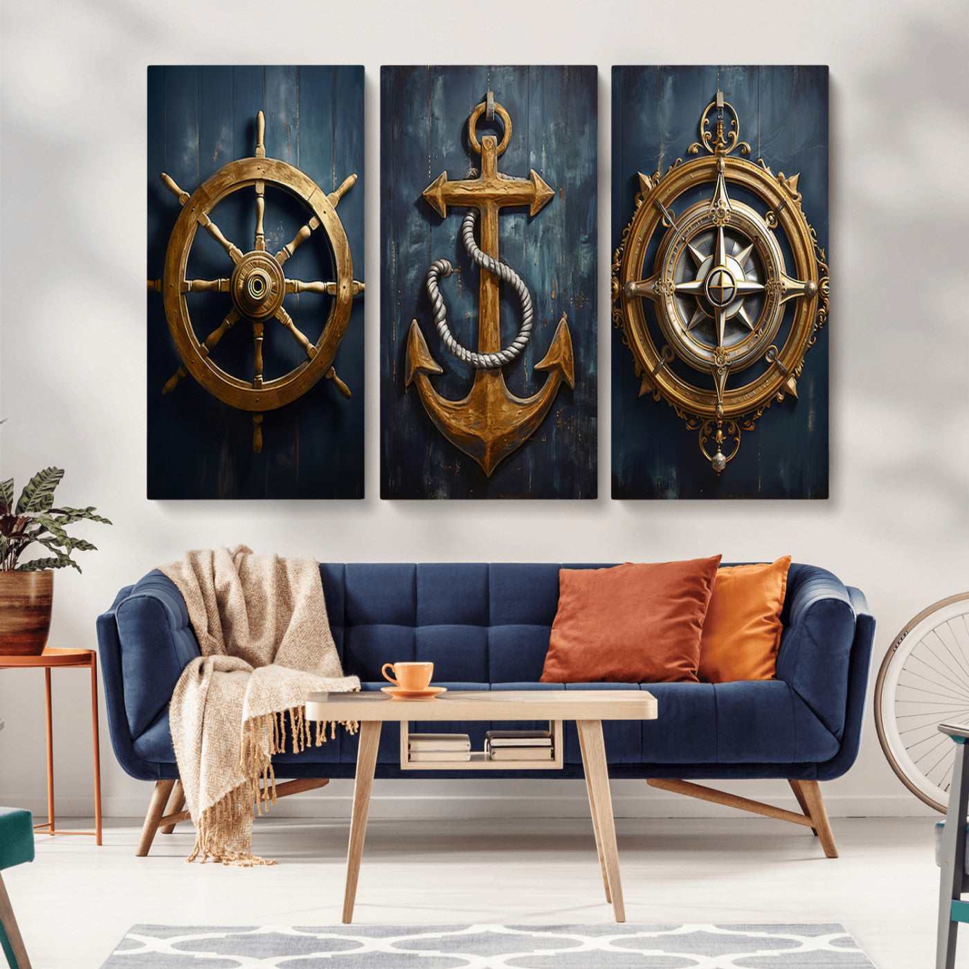 MGV-CV-48X32-3P - Boat Anchor Compass With Rope Wall Art Canvas Print | Beach House Wall Art