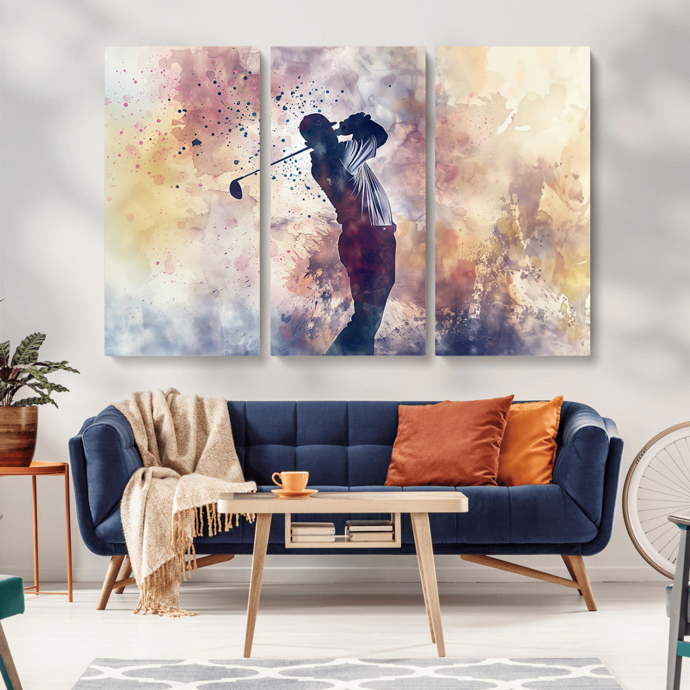 MGV-CV-48X32-3P - Abstract Watercolor Golf Player Wall Art Canvas Print