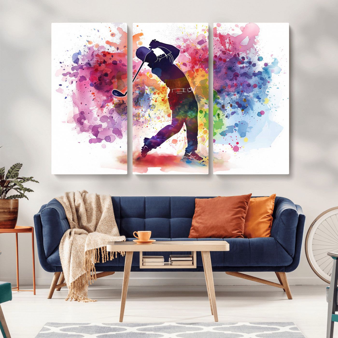 MGV-CV-48X32-3P - Colorful Golfer Swing Wall Art Canvas Print - Ready to Hang, Framed Sports Decor