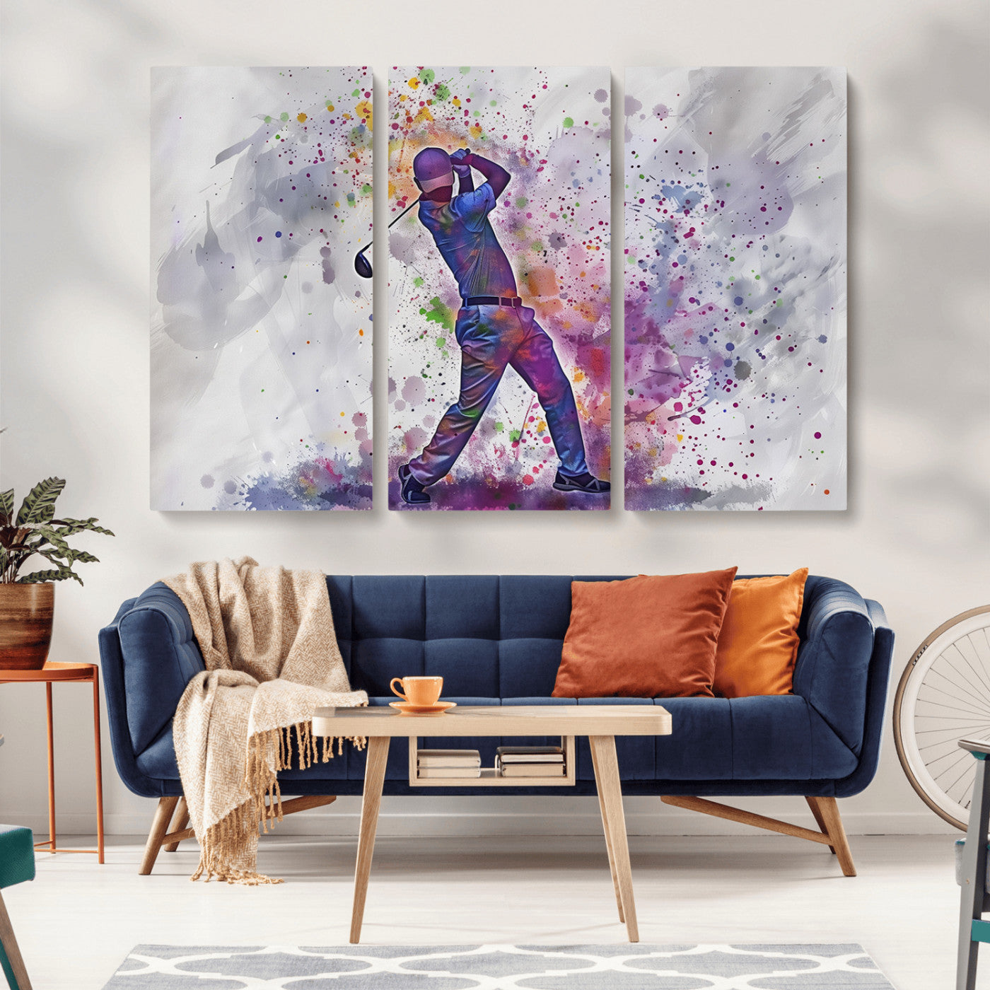 MGV-CV-48X32-3P - Watercolor Golf Swing Wall Art Canvas Print | Vibrant Abstract Golf Player Silhouette |
