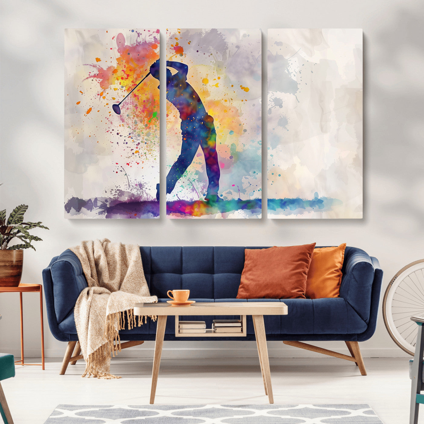 MGV-CV-48X32-3P - Watercolor Golf Swing Wall Art Canvas Print | Vibrant Abstract Golf Player Silhouette |