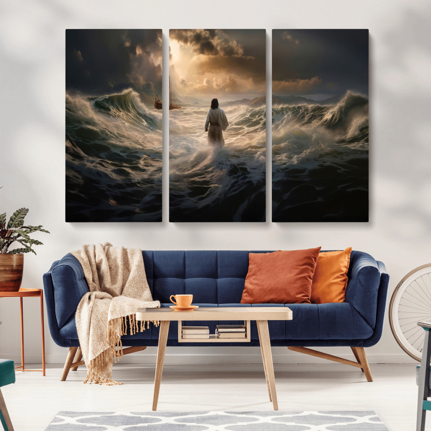 MGV-CV-48X32-3P - Jesus Walking on Water Wall Art Canvas Print - Religious Spiritual Decor - Jesus Wall Art Canvas