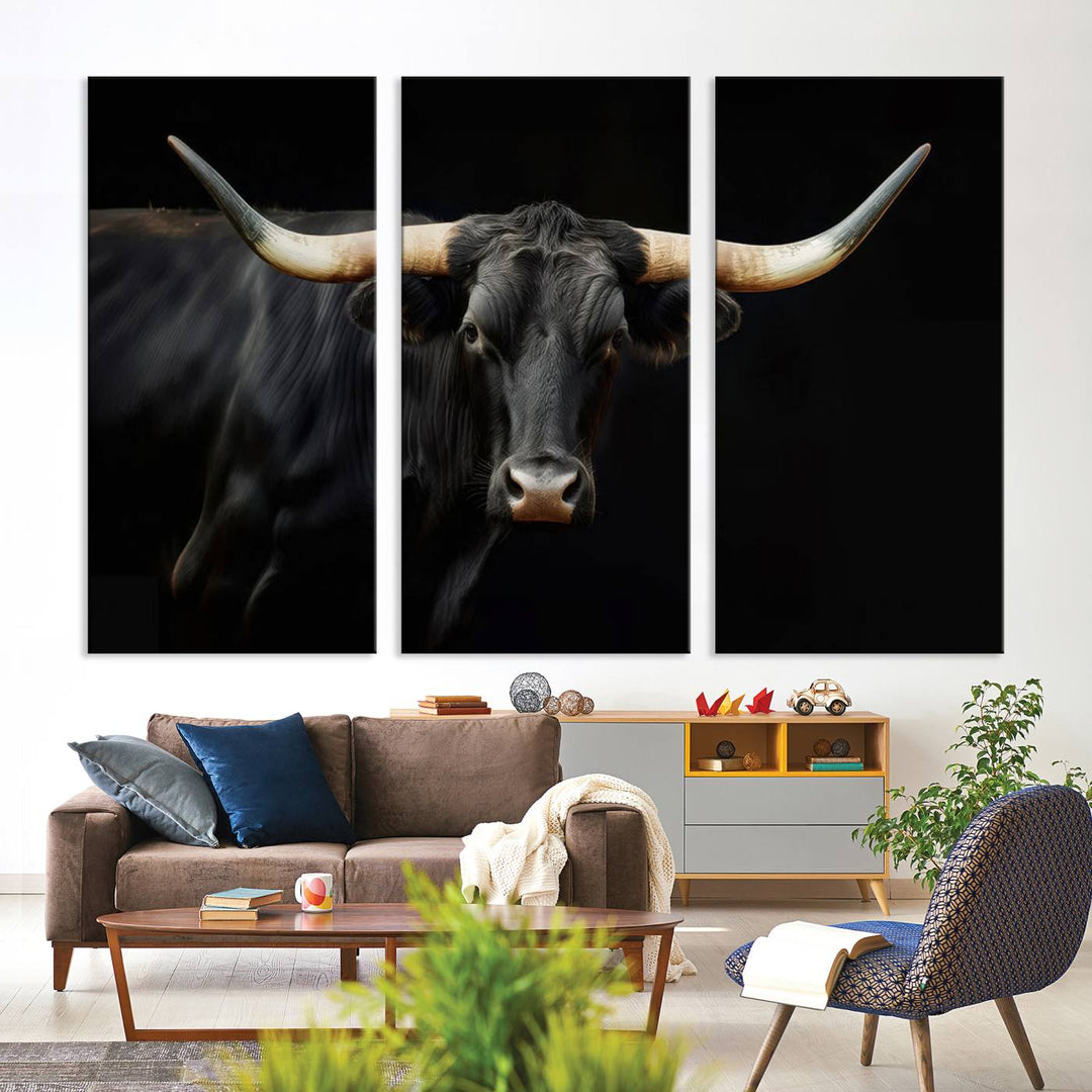 Texas Longhorn Cow | Majestic Black Bull Wall Art Canvas Print - Farmhouse Animal Decor - Ready to Hang