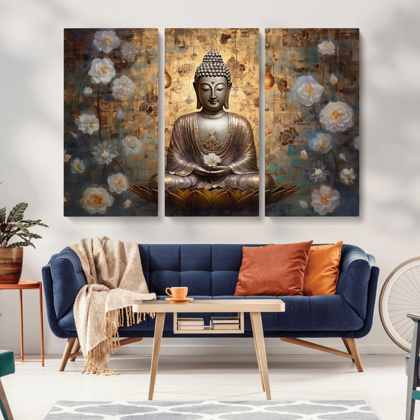 MGV-CV-48X32-3P - Golden Buddha Wall Art Canvas Print | Zen Meditation Floral Decor | Tranquil Spiritual Home Art |