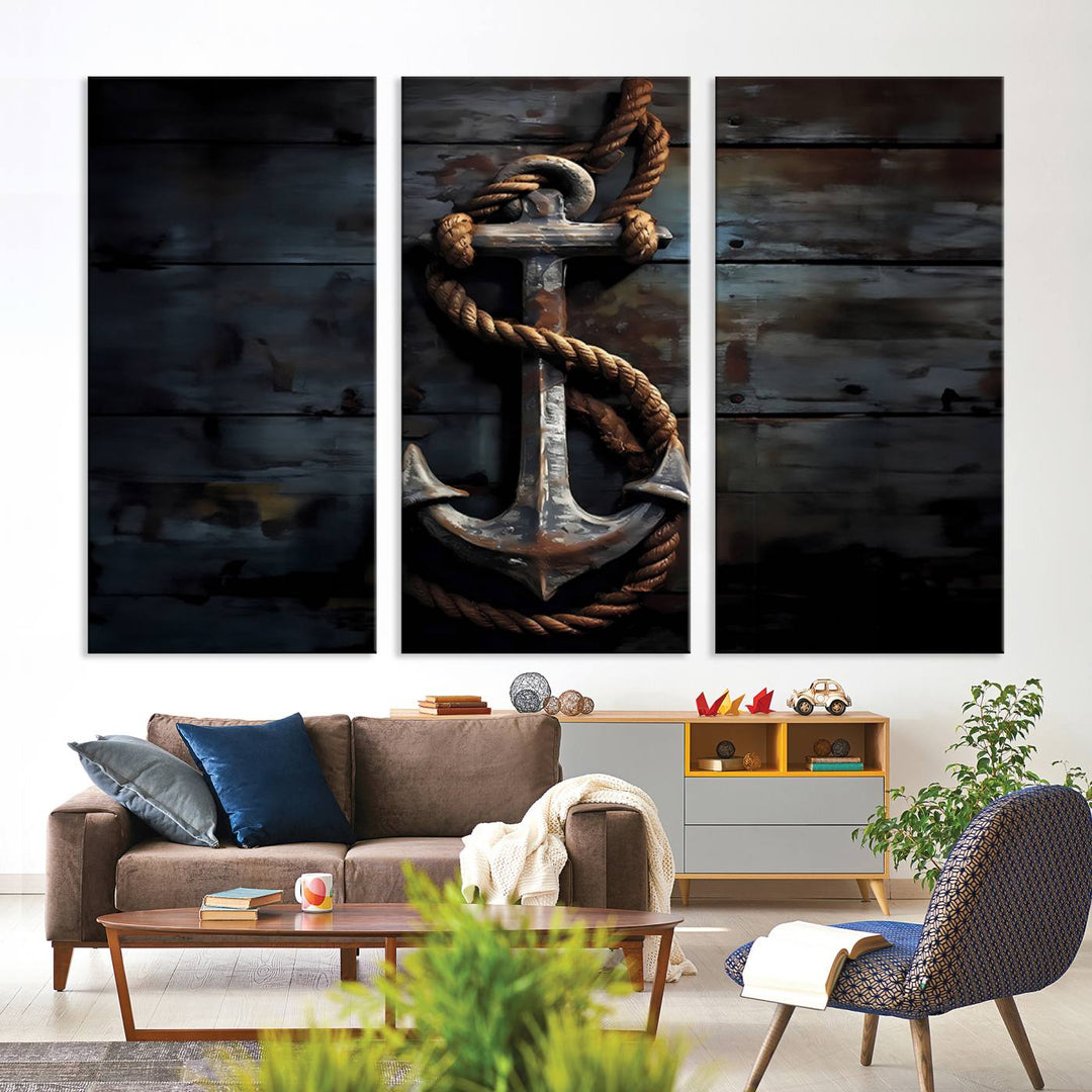 The wooden wall displays a 3 Panel Grunge Abstract Anchor Wall Art Canvas Print Set.