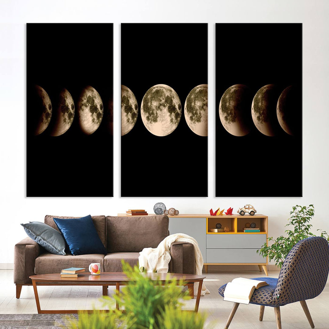 The "Phases of the Moon Wall Art" canvas print elegantly hangs on the wall.