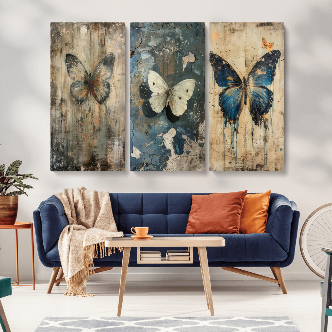 MGV-CV-48X32-3P - Butterfly Wall Art Trio | Vintage Butterfly Canvas Print | Ready to Hang Framed Artwork for