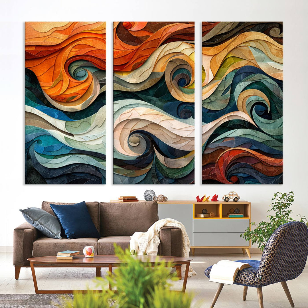 Abstract Wave Wall Art is a ready-to-hang framed canvas print featuring swirling orange, blue, and white patterns. It's perfect for adding vibrant decor to modern spaces.