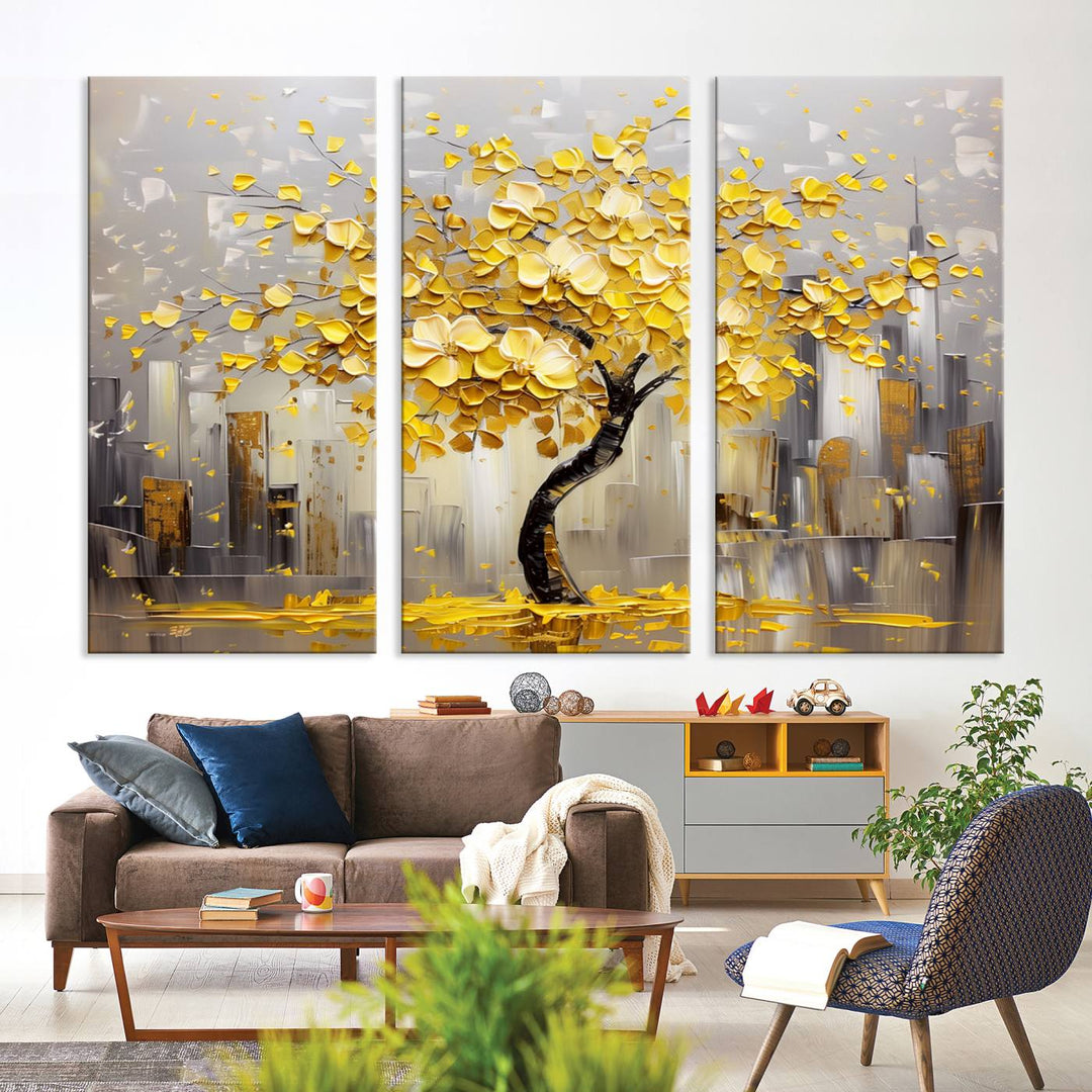 A framed canvas print from the "Golden Tree Canvas Print | Abstract Wall Art for Modern Homes | Ready to Hang Framed Artwork" collection hangs elegantly against the dark wall, epitomizing exquisite abstract wall art.