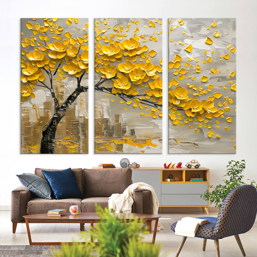 Yellow Blossom Tree Canvas Wall Art, featuring a floral abstract modern design, is elegantly displayed against a dark wall. This sophisticated piece enhances the contemporary aesthetic of the space.