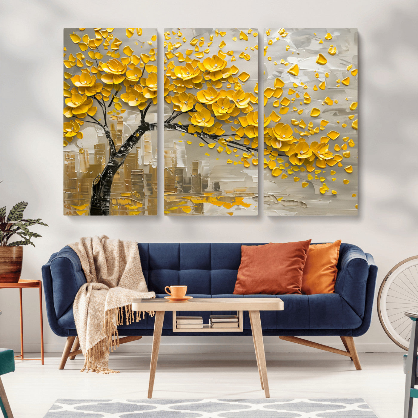 MGV-CV-48X32-3P - Yellow Blossom Tree Canvas Wall Art - Floral Abstract Modern Contemporary Artwork for Living Room or