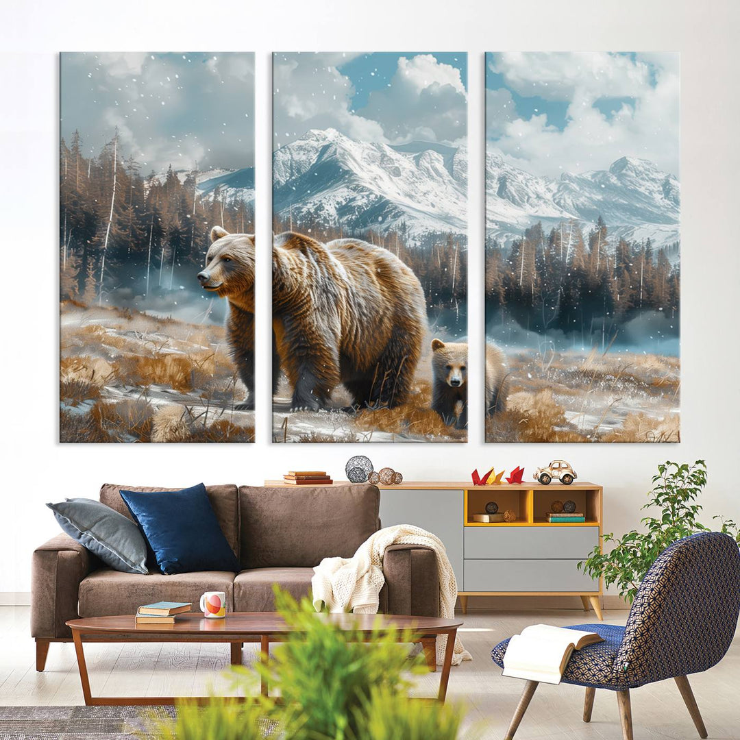 The modern living room features a Bear and Baby Bear Wall Art Canvas Print depicting a snowy mountain landscape, making it a stunning visual piece and a meaningful gift idea.