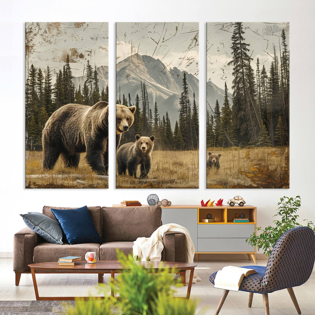 Displaying the Rustic Grizzly 399 Bear Family Wall Art Canvas Print in a modern living space adds remarkable charm. This triptych piece showcases a bear family in the forest, printed on museum-quality canvas and ready to hang, seamlessly enhancing your decor with its striking detail and elegance.