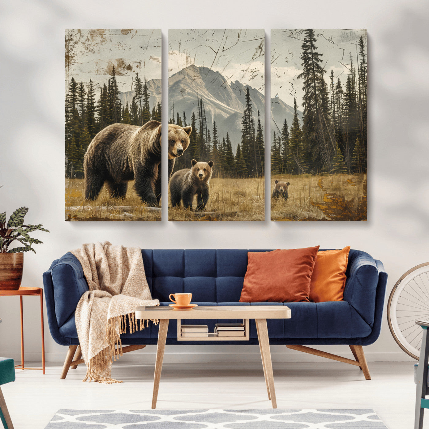 MGV-CV-48X32-3P - Rustic Grizzly 399 Bear Family Wall Art Canvas Print