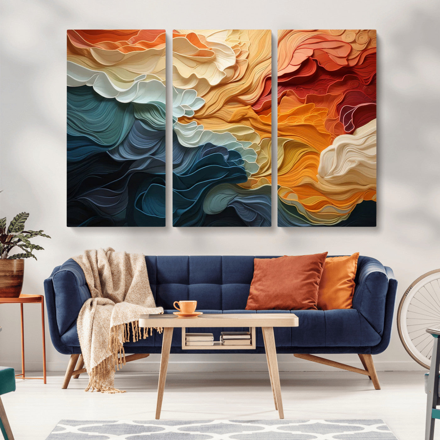 MGV-CV-48X32-3P - Blue Orange Abstract Wave Wall Art Canvas Print, Framed Blue Orange Wave Wall Art