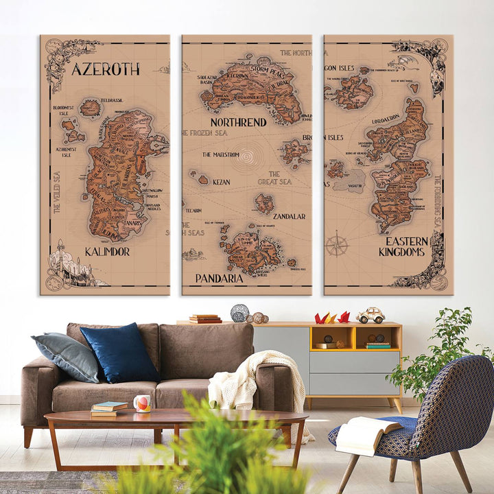 The Vintage Azeroth World Map Canvas Print, a stunning three-piece set, enhances the space with its vintage charm, perfectly complementing your gaming decor.