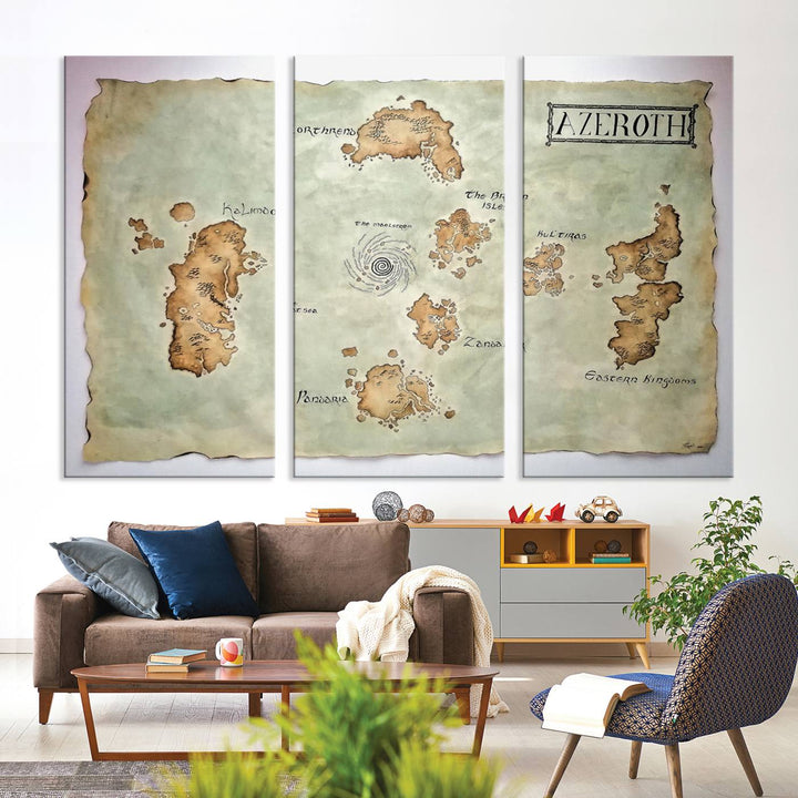 The Azeroth World Map Wall Art Canvas Print, a three-panel vintage piece, brings a cozy fantasy gaming atmosphere to the room.