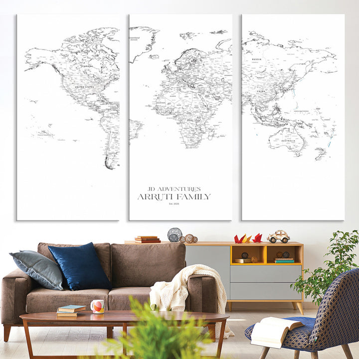 Personalized World Map Wall Art Canvas Print - Custom Push Pin Travel Map Canvas - Framed Map Print for Travel Lover Gift