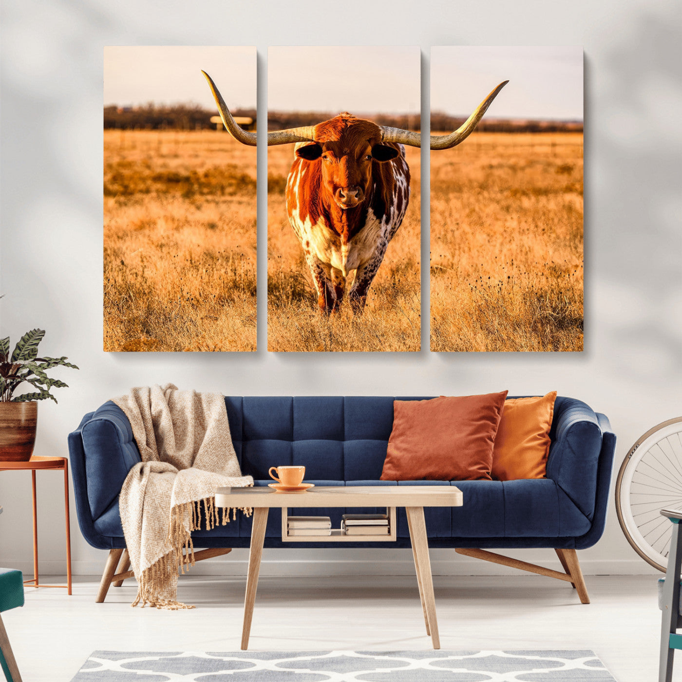 MGV-CV-48X32-3P - Longhorn Cow Wall Art | Ready to Hang Framed Canvas Print for Farmhouse and Barn Decor