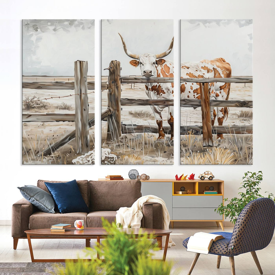 The Abstract Longhorn Cow Wall Art, a ready-to-hang framed canvas print, adds rustic charm and perfectly captures the essence of rural elegance.