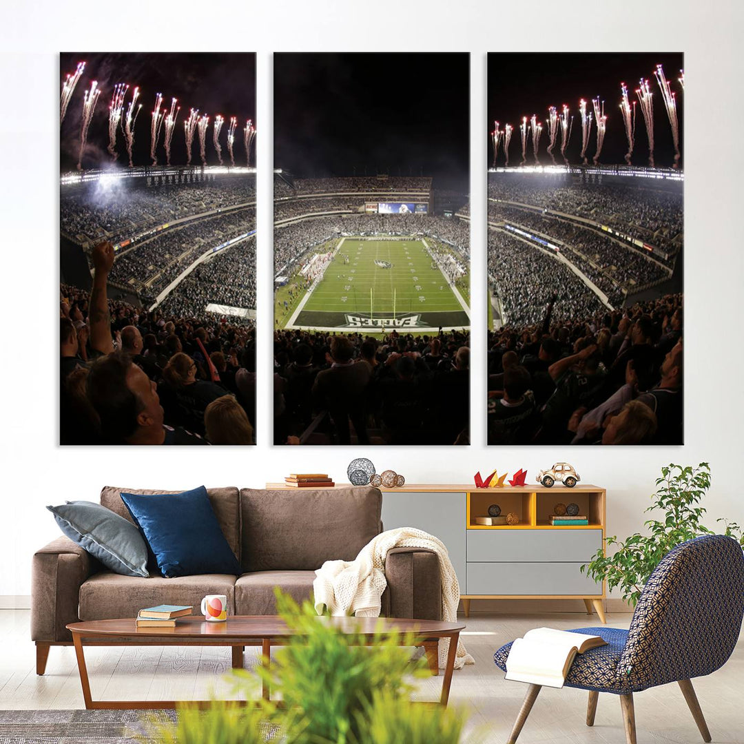 The living room features a spectacular Philadelphia Eagles Football Team Print. This wall art canvas print of Lincoln Financial Field at night captures a Philadelphia Eagles game under the dazzling brilliance of fireworks, making it an eye-catching centerpiece.