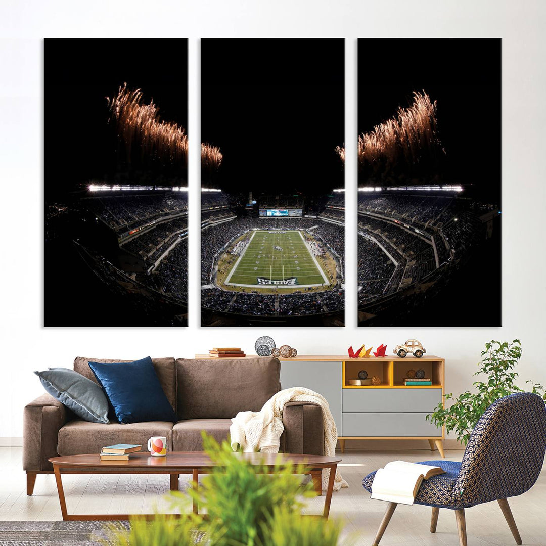 A stunning triptych wall art featuring the Philadelphia Eagles Football Team Print, capturing Lincoln Financial Field with spectacular fireworks.