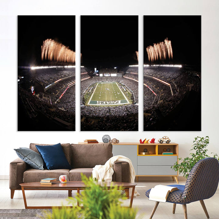 Experience the breathtaking Lincoln Financial Field Fireworks Game captured in this triple canvas wall art. A must-have for any Philadelphia Eagles fan!