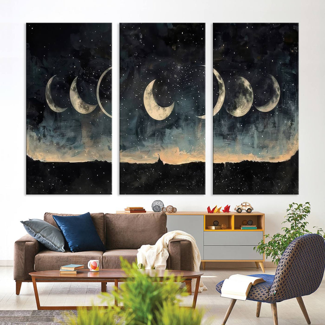 The "Phases of the Moon Wall Art," a framed canvas series capturing the celestial beauty of lunar cycles against a starry night, adds an elegant touch to the contemporary dining room.