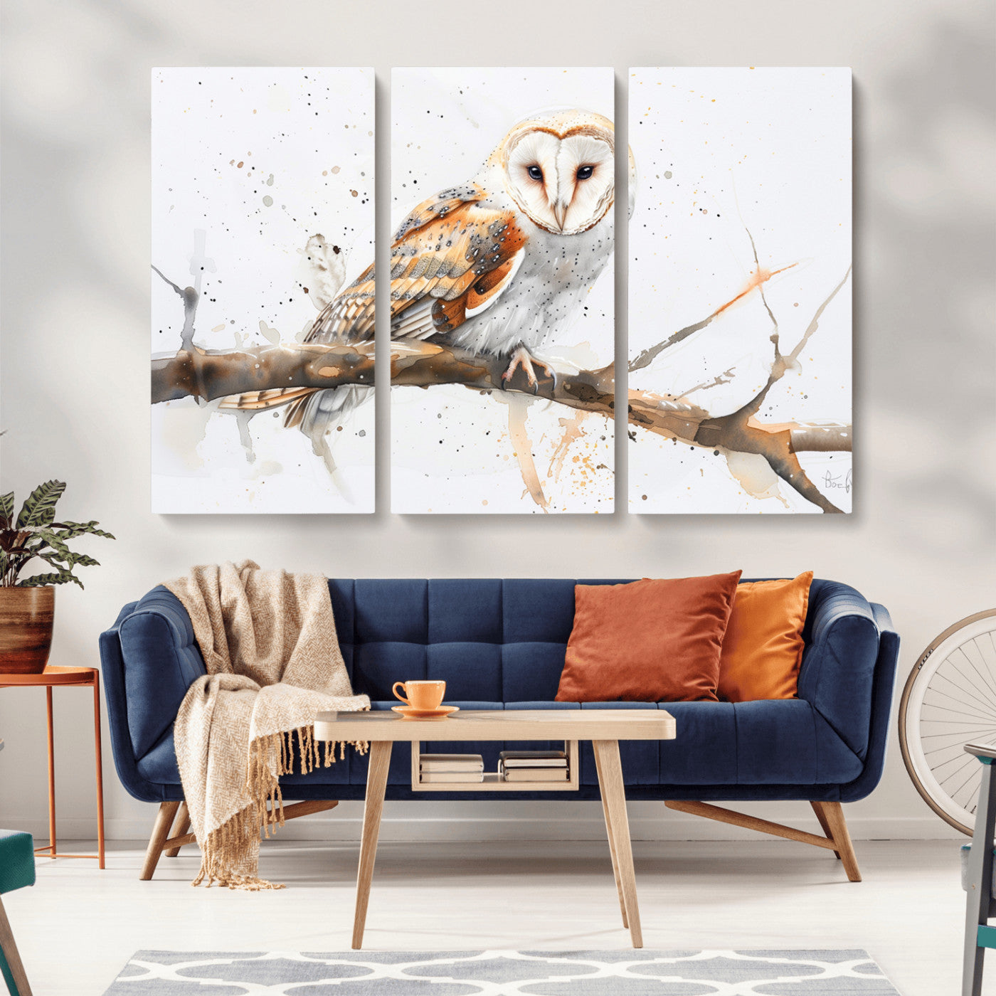 MGV-CV-48X32-3P - Barn Owl Wall Art on Branch | Stunning Canvas Print for Nature Lovers | Ready to Hang and Framed