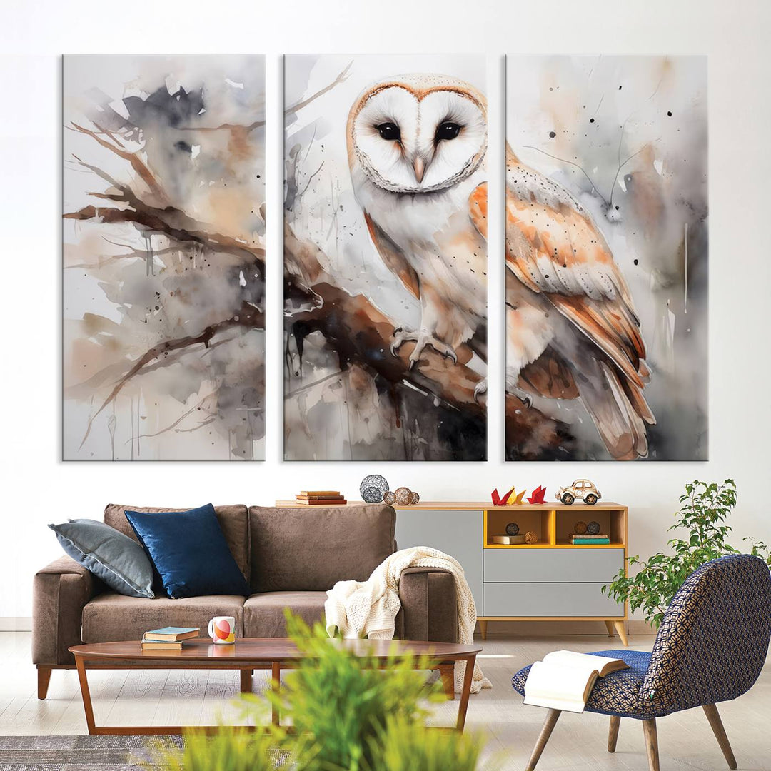 The Barn Owl Wall Art watercolor canvas adds a rustic twist to farmhouse decor.