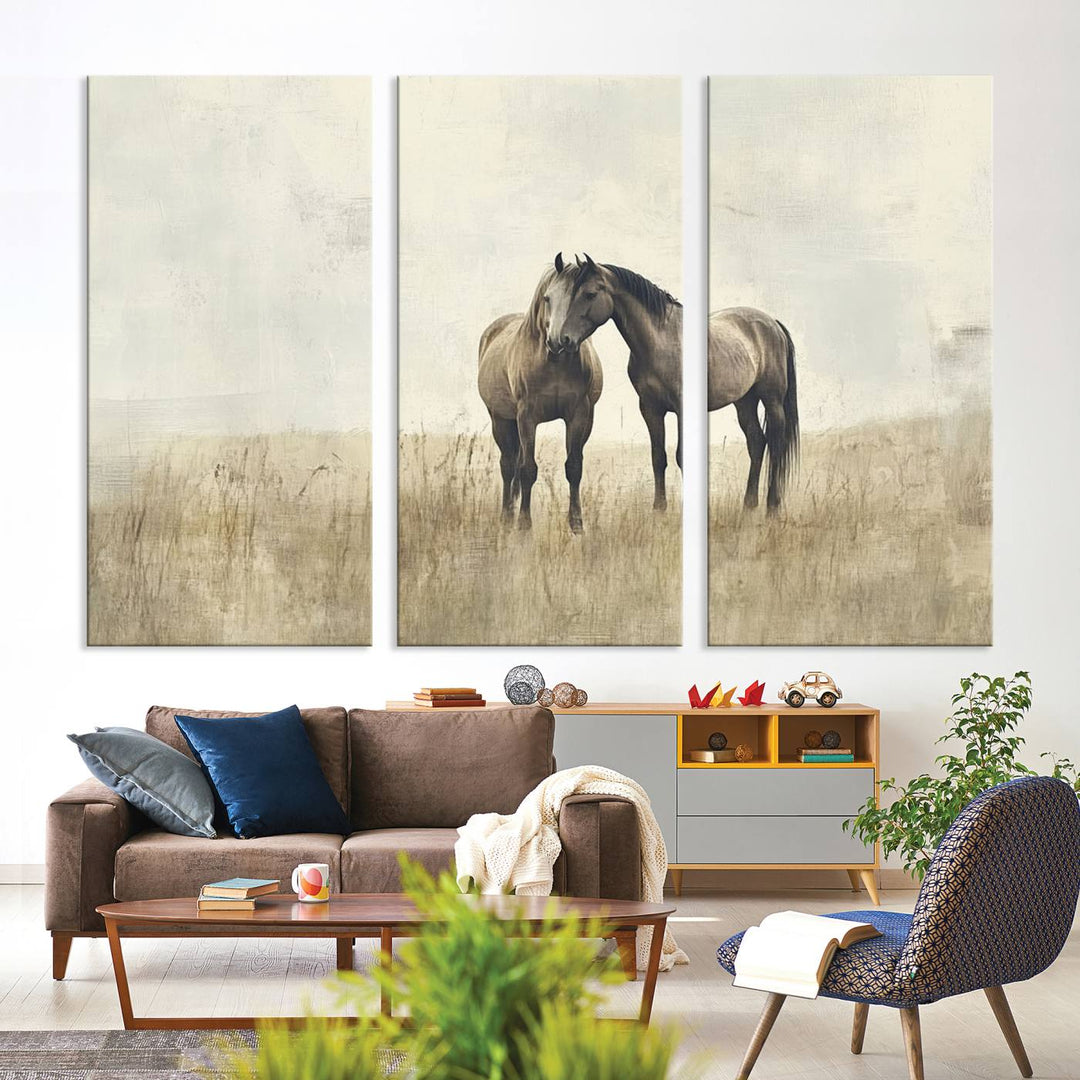 The Chinese Style Grunge Horses Wall Art Canvas Print, featuring a three-panel design of two horses in a misty field, is crafted on museum-quality canvas using high-resolution printing and hangs elegantly.