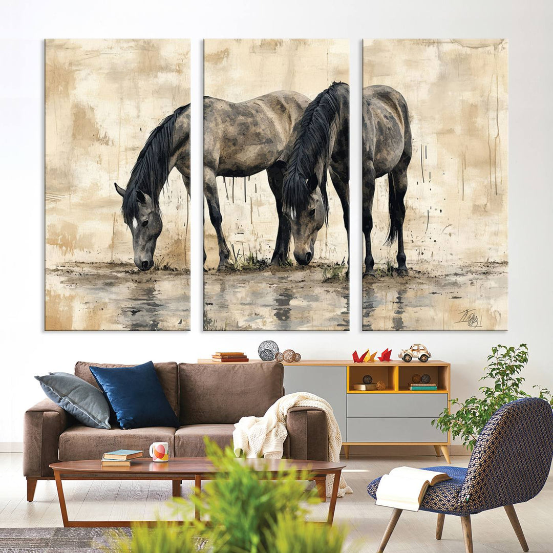 Chines Ink Style Black Horses Wall Art Canvas Print features a triptych painting of two horses drinking at the water's edge.