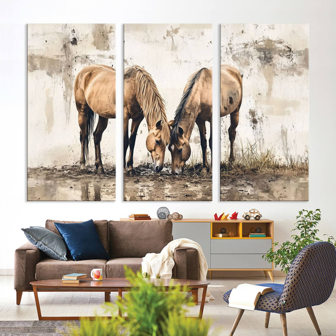 The Vintage Horses Wall Art, a ready-to-hang and framed triptych, beautifully captures two horses gracefully grazing. It perfectly complements the rustic charm of western farmhouse wall decor.