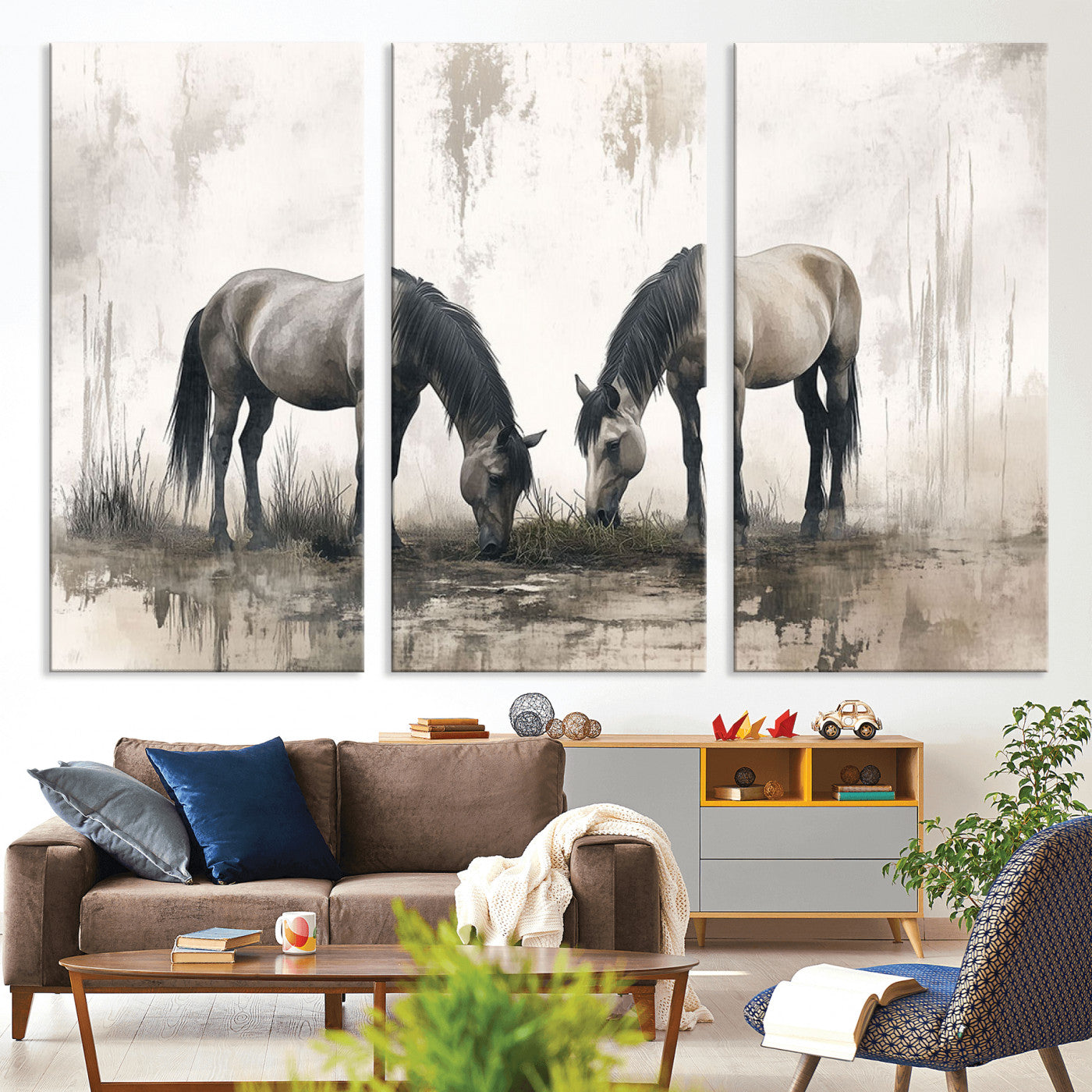 35494-MGV-CV-36X24-Chines Ink Style Vintage Horses Wall Art Canvas Print for Farmhouse Wall Decor