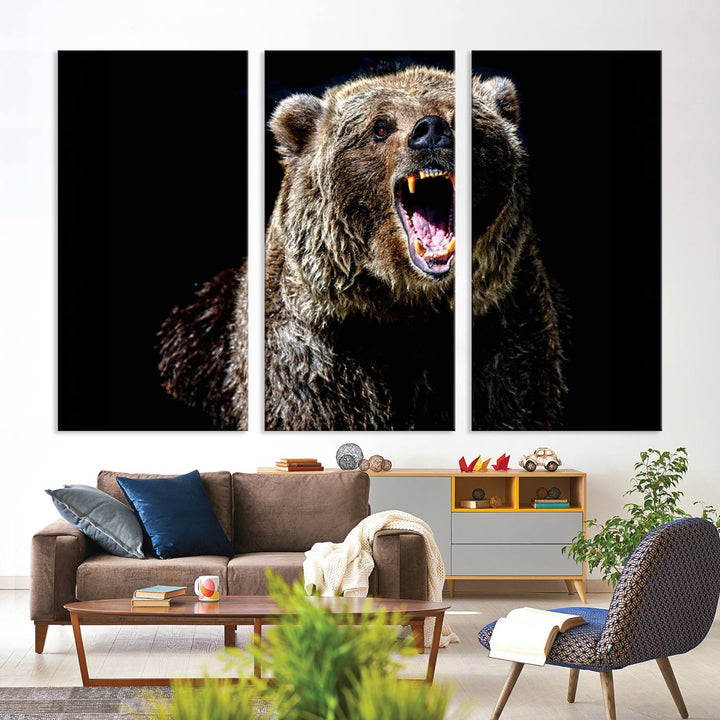 The Grizzly Bear Canvas Print, featuring wildlife wall art on a black background, is ready to hang and is perfect for rustic cabin decor.