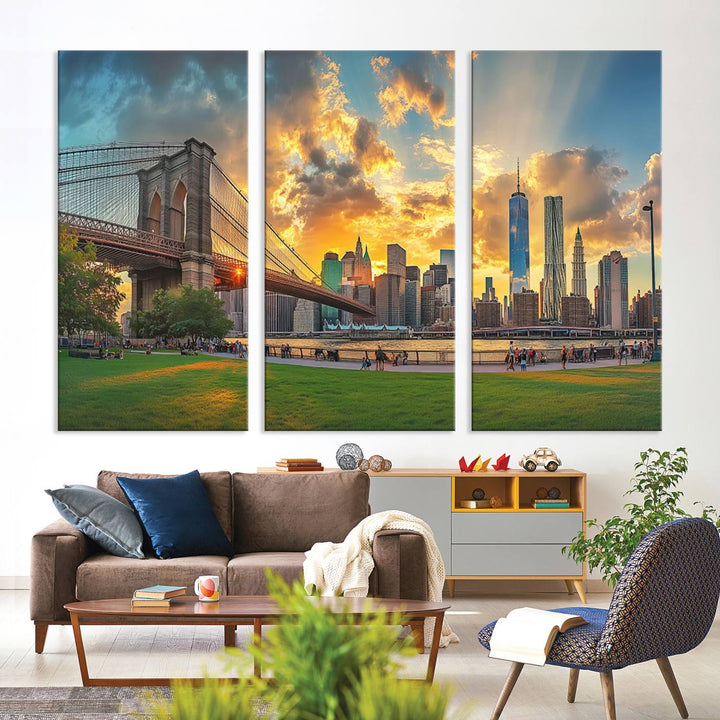 The "Brooklyn Bridge New York Skyline Wall Art" is a ready-to-hang framed canvas print that beautifully captures the cityscape at sunset, showcasing the iconic Brooklyn Bridge and majestic skyscrapers.