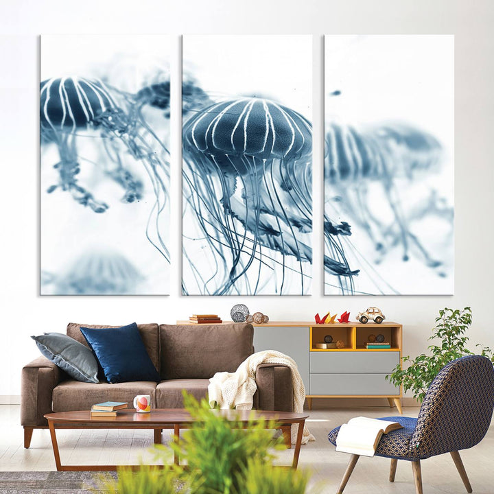 The Abstract Jellyfish Wall Art Canvas Print, a three-panel piece featuring high-resolution printing, hangs elegantly in the room, adding vibrant detail to the space.