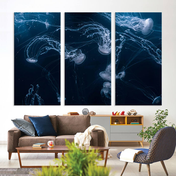 Room with modern decor, featuring the Abstract Jellyfish in Ocean Wall Art Canvas Print on museum-quality canvas.