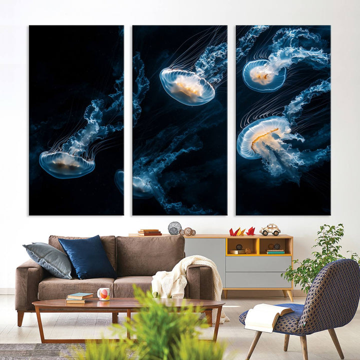 The "Jellyfish Wall Art Canvas Print," featuring a sea-themed design of glowing jellyfish, is displayed in high-resolution on museum-quality canvas.