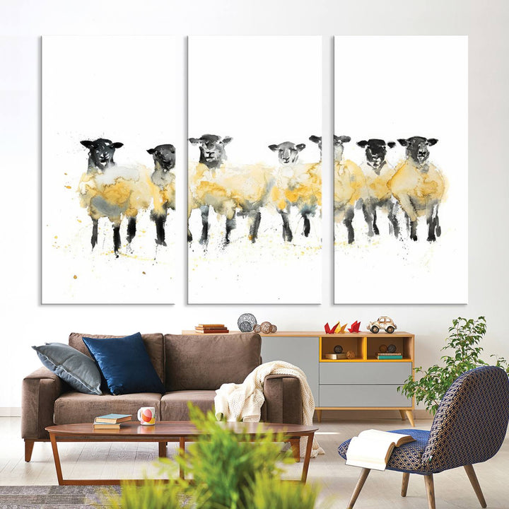 The Farmhouse Wall Art Sheep Print, ready to hang as a framed canvas, adorns the black wall, adding a hint of rustic barn decor.