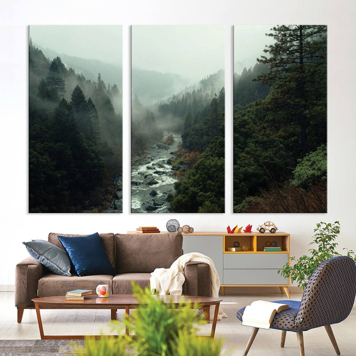 Misty Forest Wall Art | Ready to Hang and Framed | Tranquil Nature Landscape for Living Room or Cabin Wall Decor