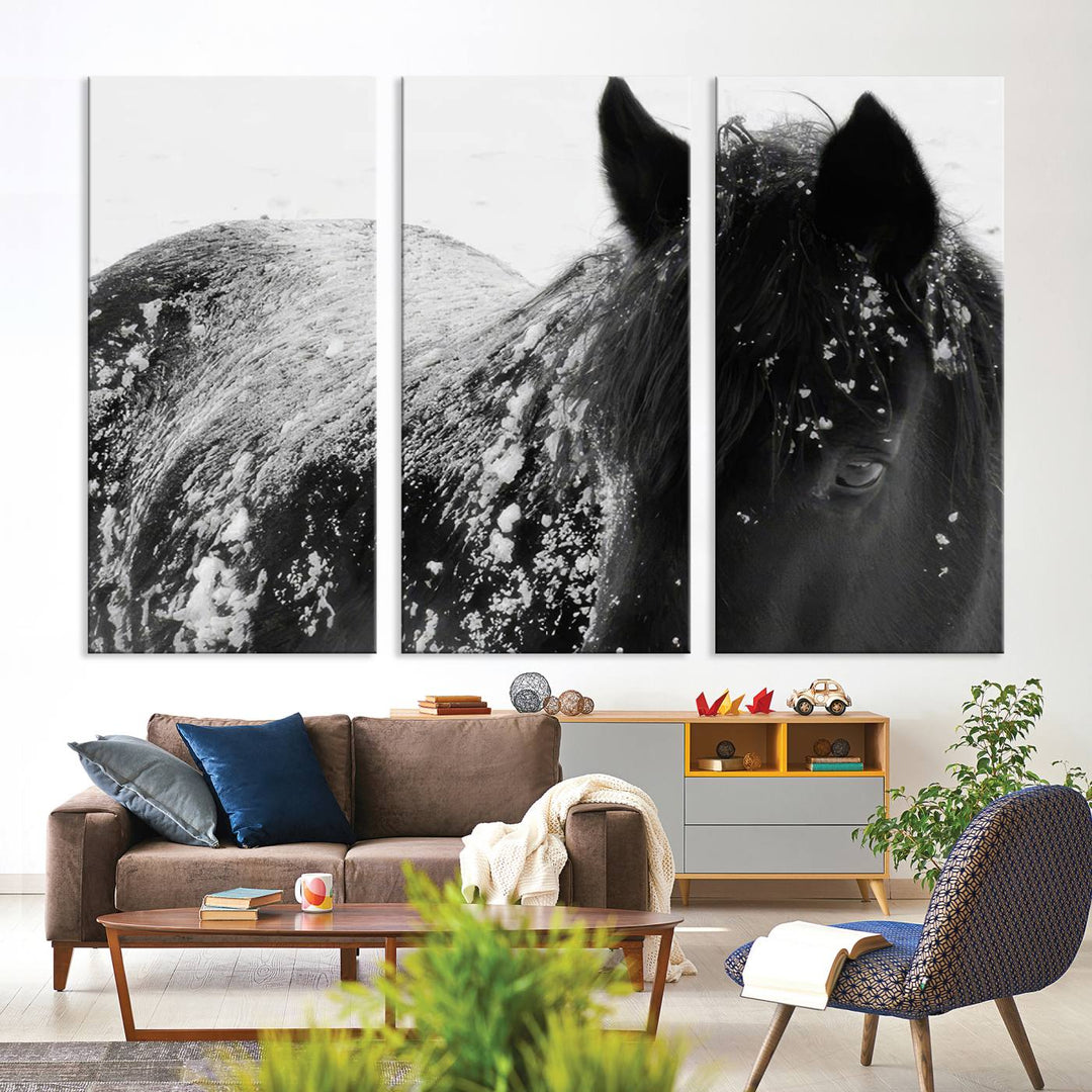 The "Black Horse in Snow Canvas Print" serves as an ideal rustic cabin wall art centerpiece with its triptych design of a snowy black horse.