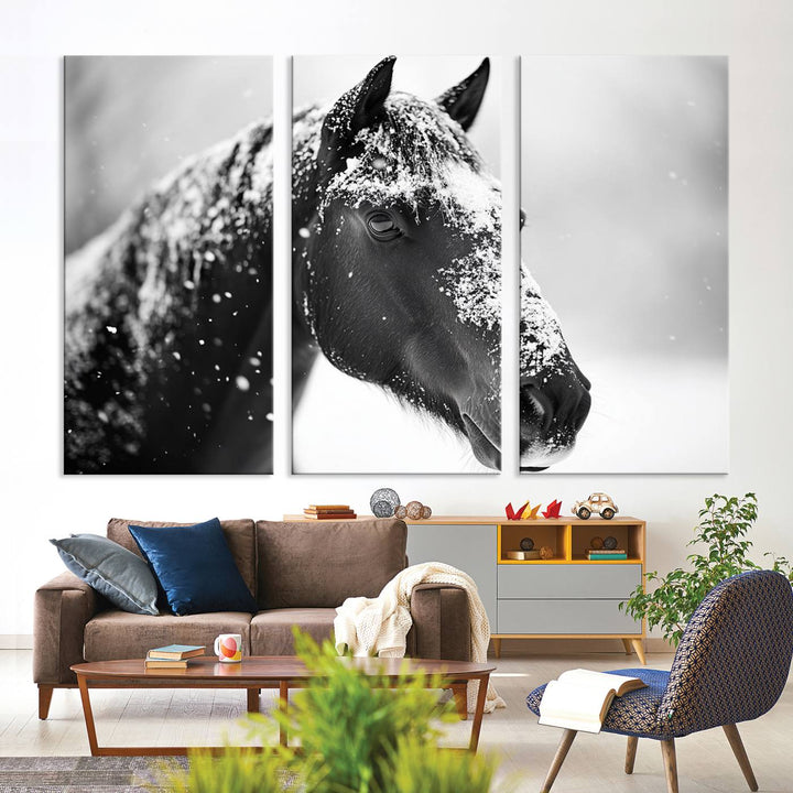 A set of Winter Horse Snow Wall Art Canvas Prints hangs, creating the perfect touch of Rustic Cabin Decor.