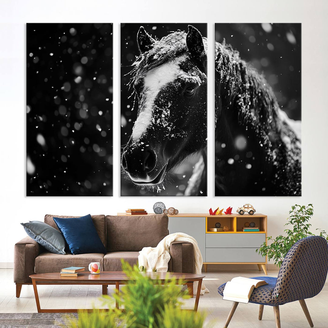 A ready-to-hang and framed Winter Horse Wall Art set, featuring black and white prints, elegantly captures the beauty of snow-covered nature. This piece adds an ideal touch of rustic cabin decor, perfectly suited for farmhouse-style living rooms.