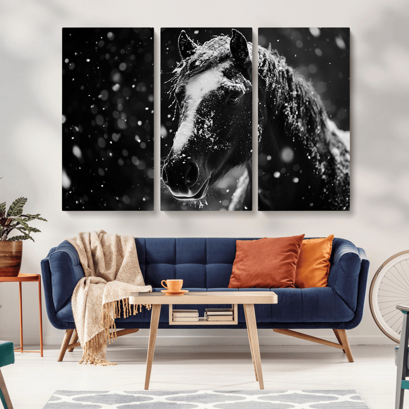 MGV-CV-48X32-3P - Winter Horse Wall Art | Black and White Horse Print | Ready to Hang and Framed | Farmhouse Wall Art