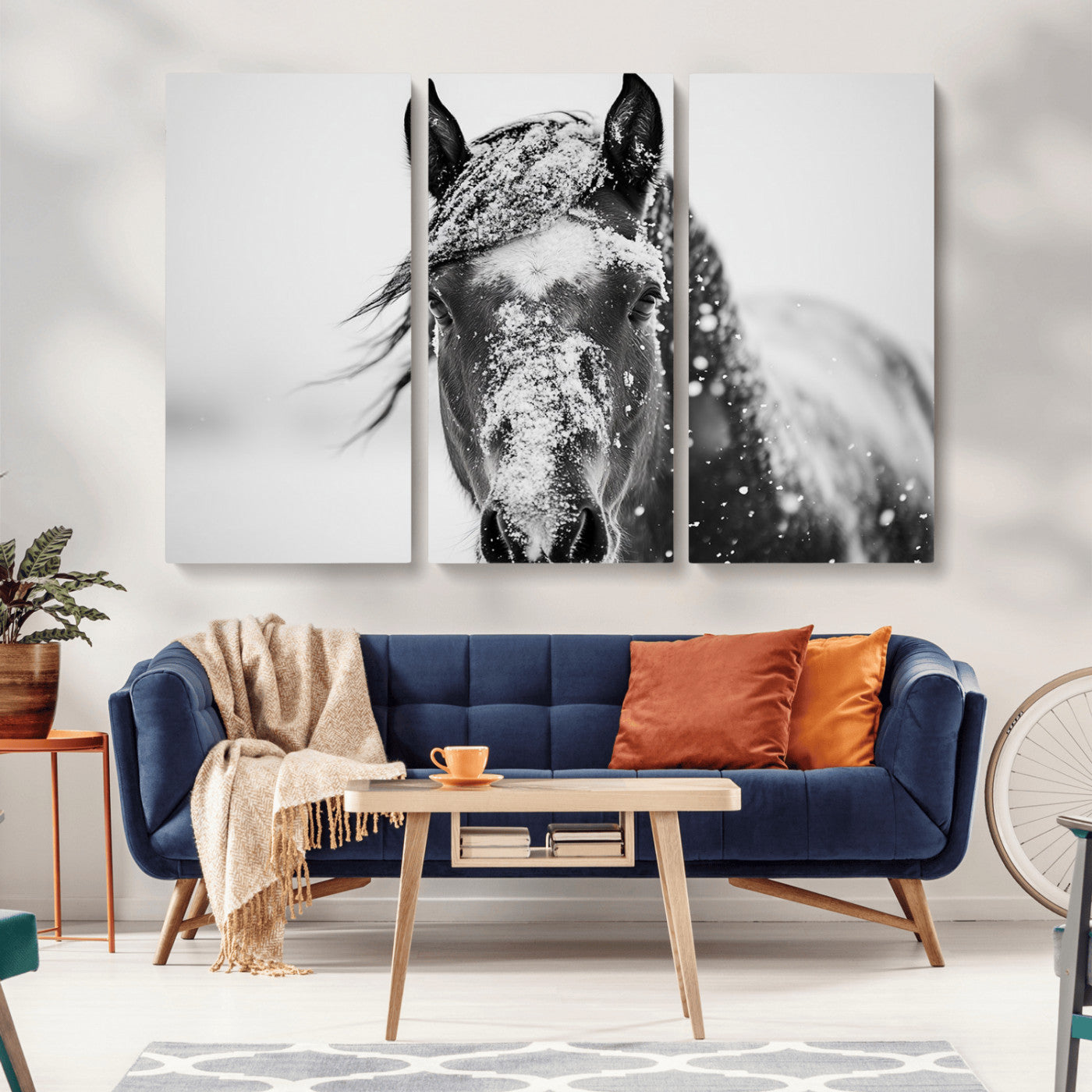 MGV-CV-48X32-3P - Western Wall Art | Black and White Winter Horse Wall Art | Ready to Hang and Framed | Farmhouse and