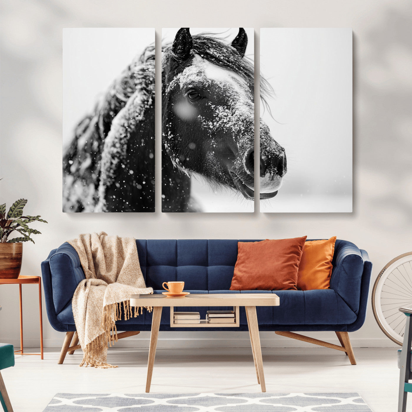 MGV-CV-48X32-3P - Winter Horse Canvas Print | Large 3-Panel Black White Equine Photography for Rustic Farmhouse Wall