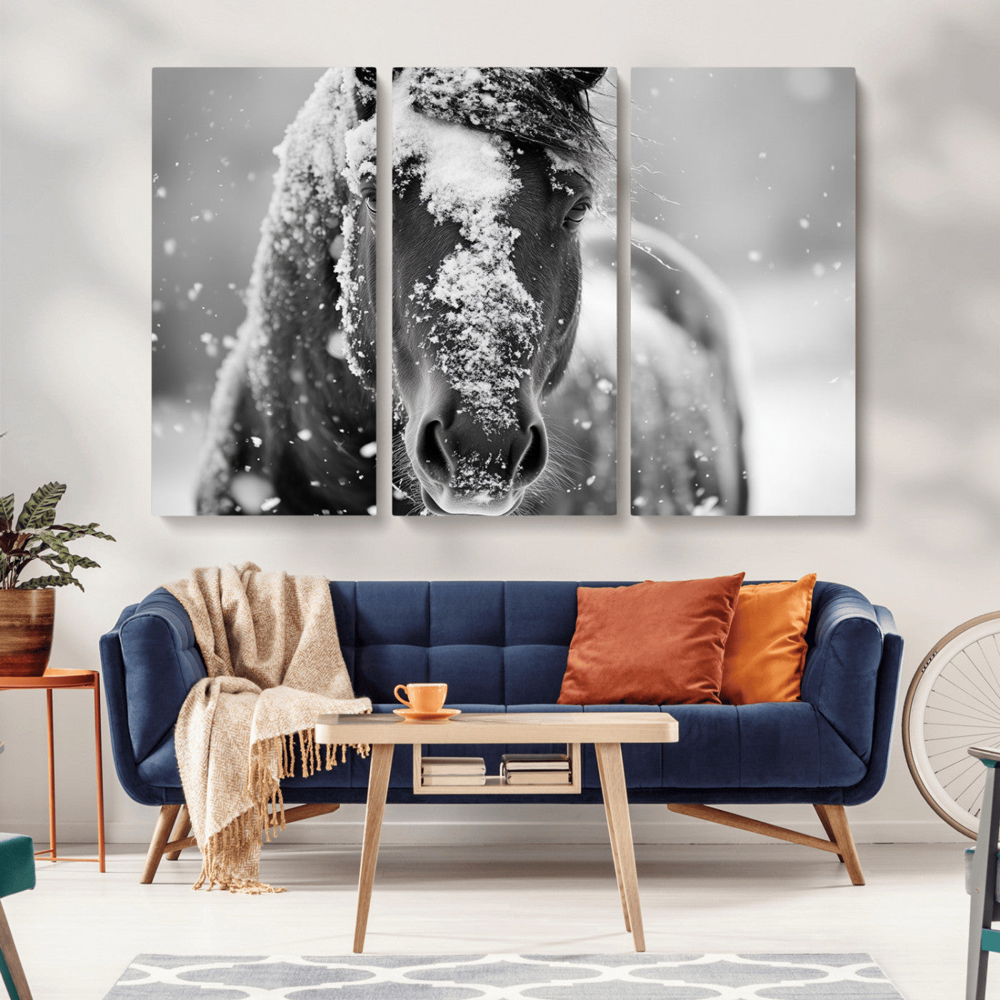 MGV-CV-48X32-3P - Black and White Horse Winter Wall Art | Ready to Hang and Framed | Farmhouse Wall Decor | Western