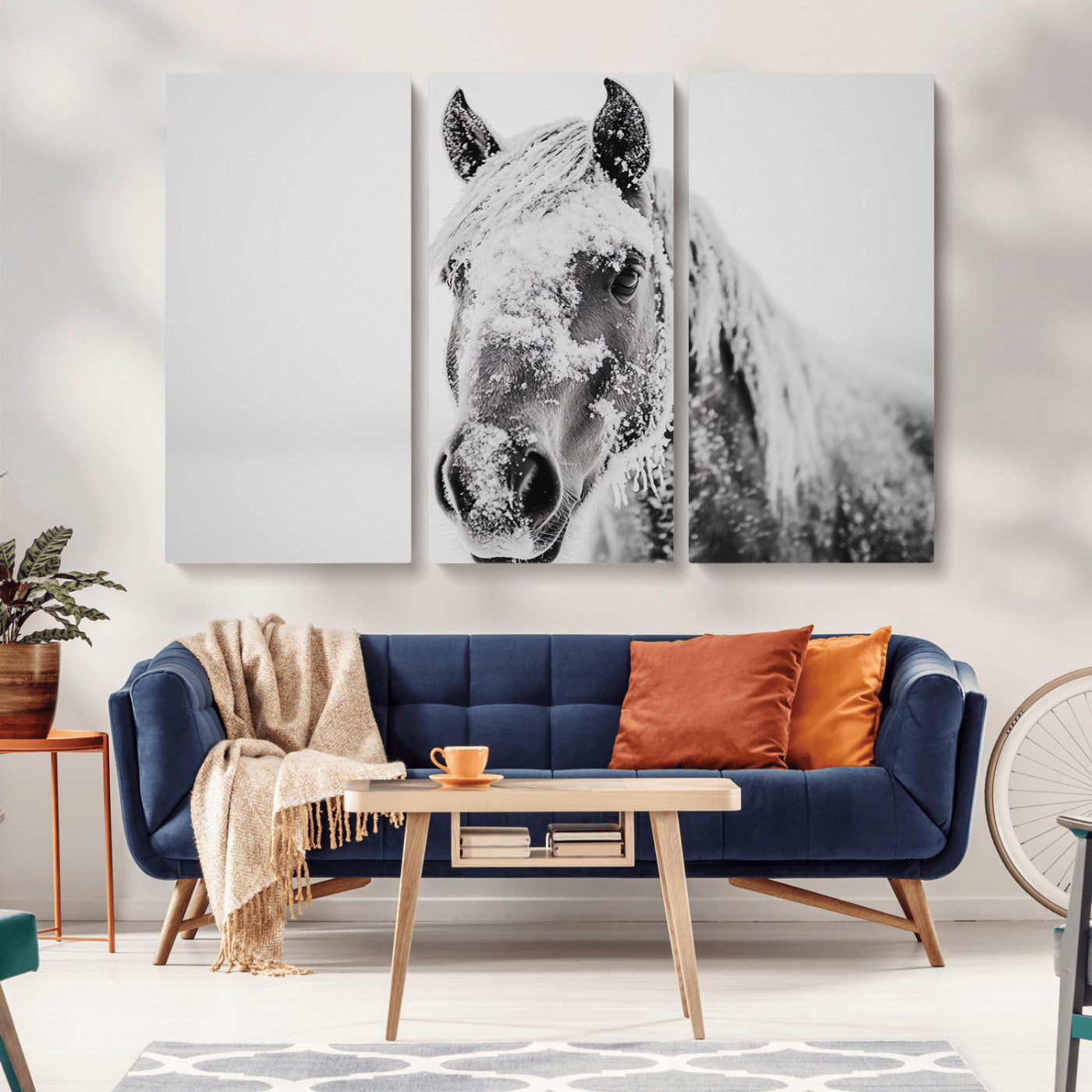 MGV-CV-48X32-3P - White Horse Wall Art | Ready to Hang and Framed | Winter Horse Wall Art Print for Farmhouse and