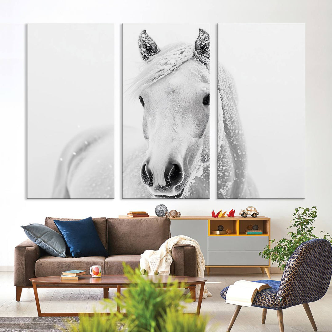 The dining room features the Majestic White Horse Wall Art, adding to its rustic charm.